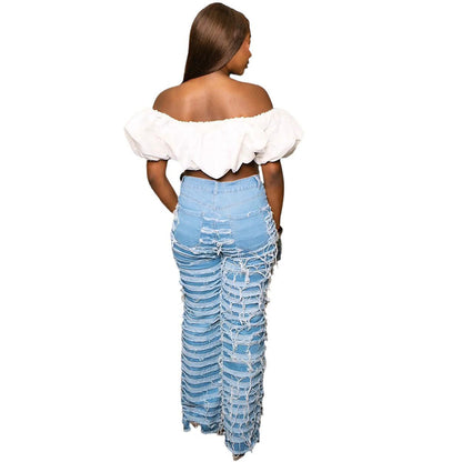 Women's Straight Leg Jeans, High Waist, Washed Distressed, Casual Long Pants, Street Style eprolo