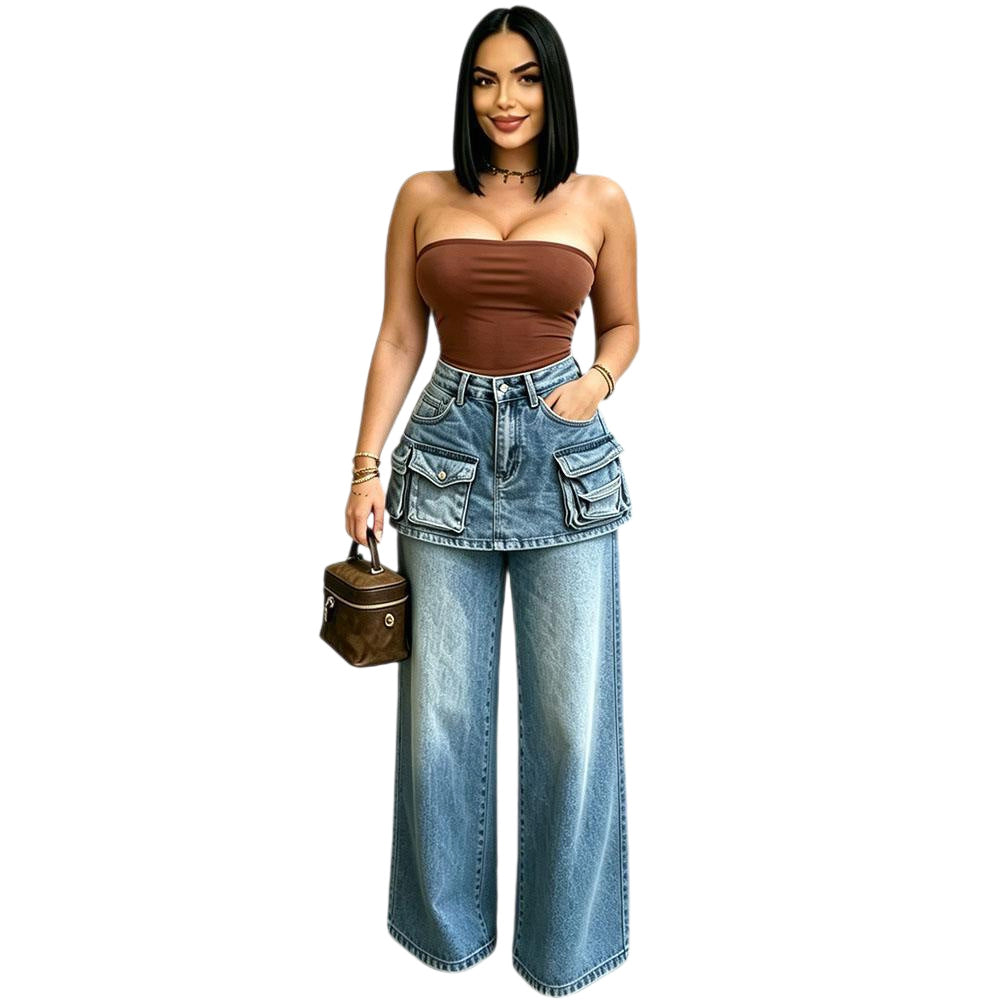 High-Waisted Wide-Leg Jeans for Women, Fashionable Multi-Pocket Faux Two-Piece Pants Skirt eprolo